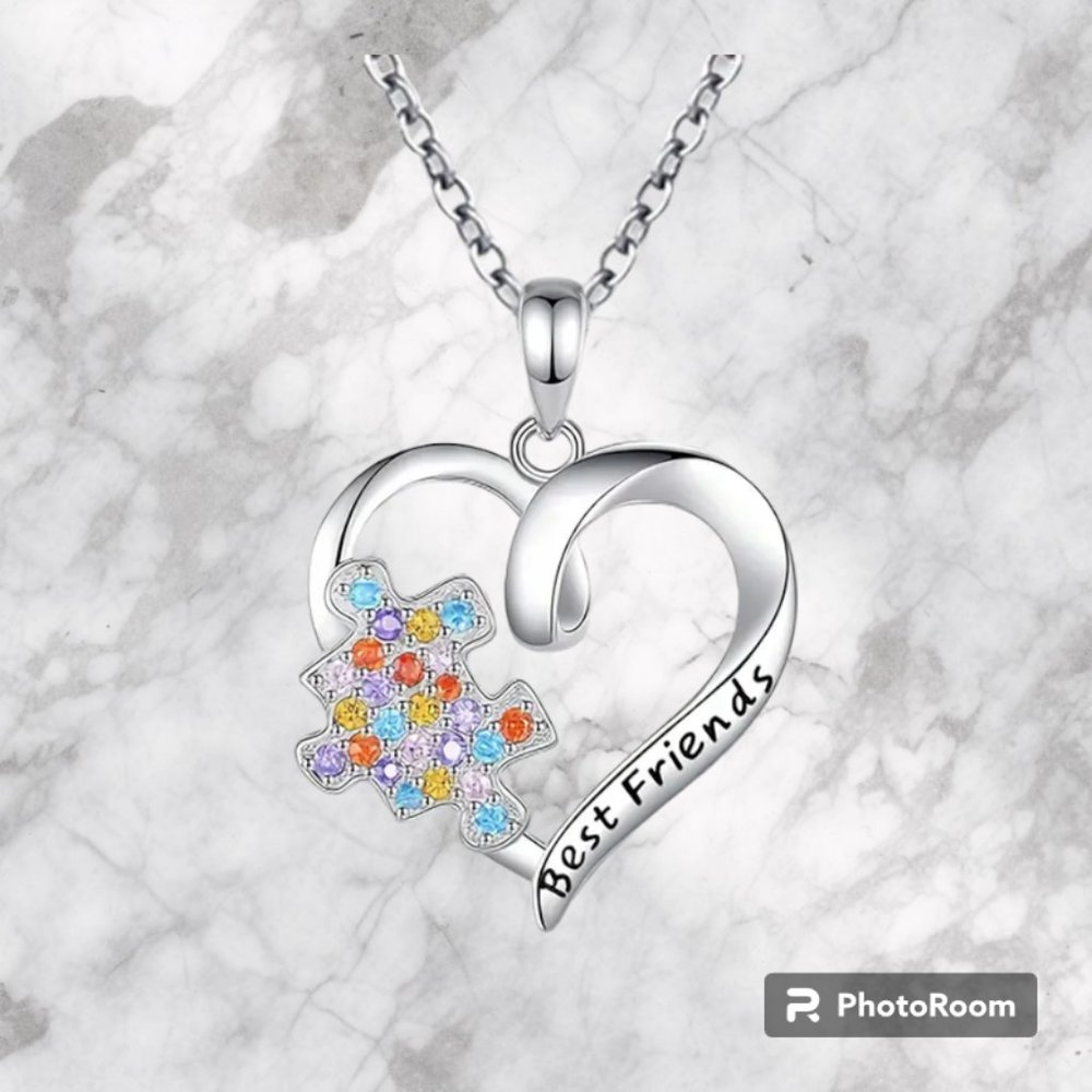 Autism Best Friend Puzzle Heart Necklace Silver Tone Multicolor Rhinestone New